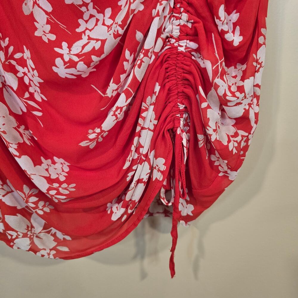 NEW NWT Women's Apricot Red & White Floral Ruch Front V-Neck Dress | Size 6 - Picture 7 of 13